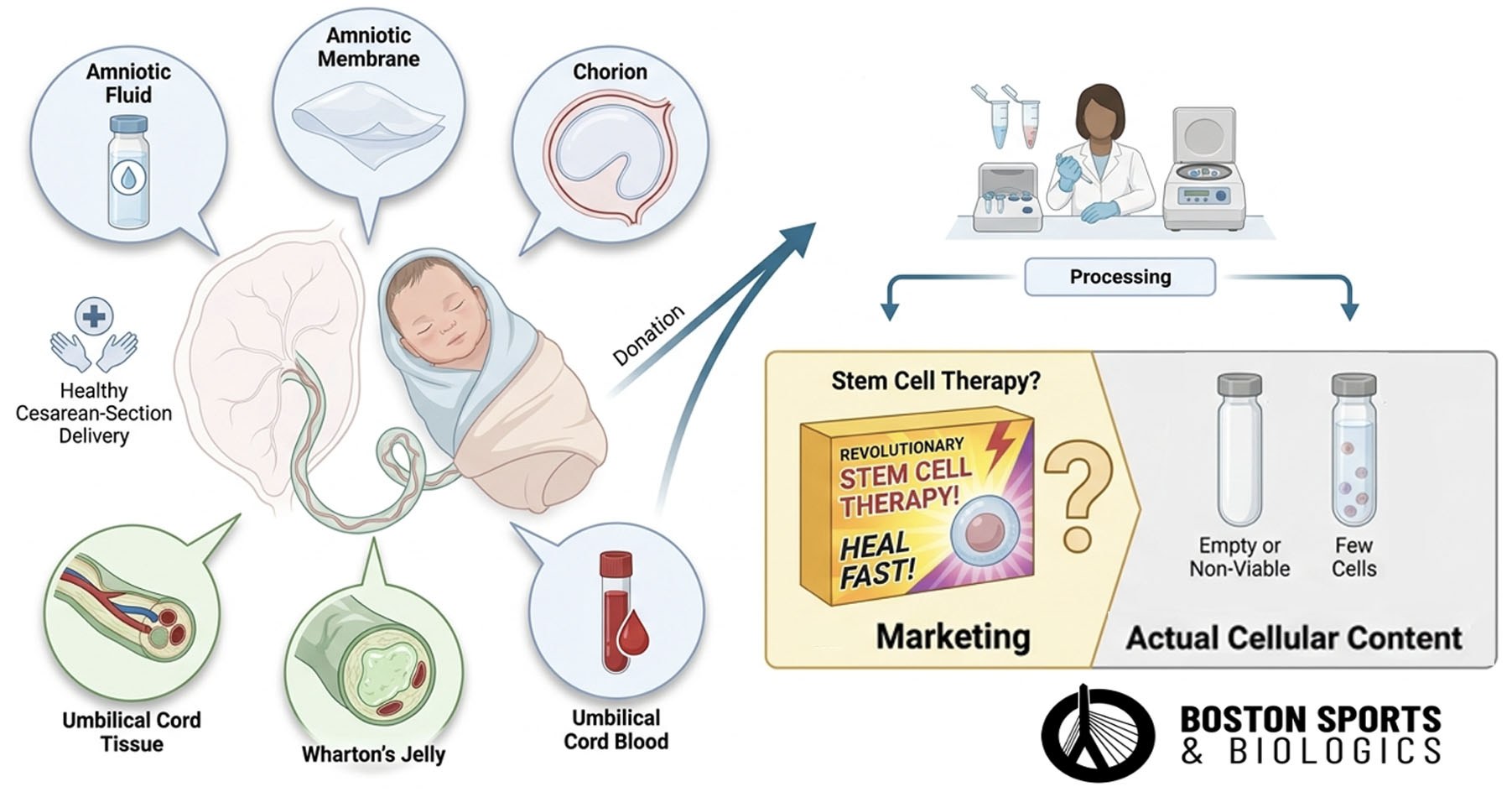 Processing Amniotic fluid, Amniotic membrane, Chorion, Umbilical cord tissue, Wharton's jelly, Umbilical cord blood